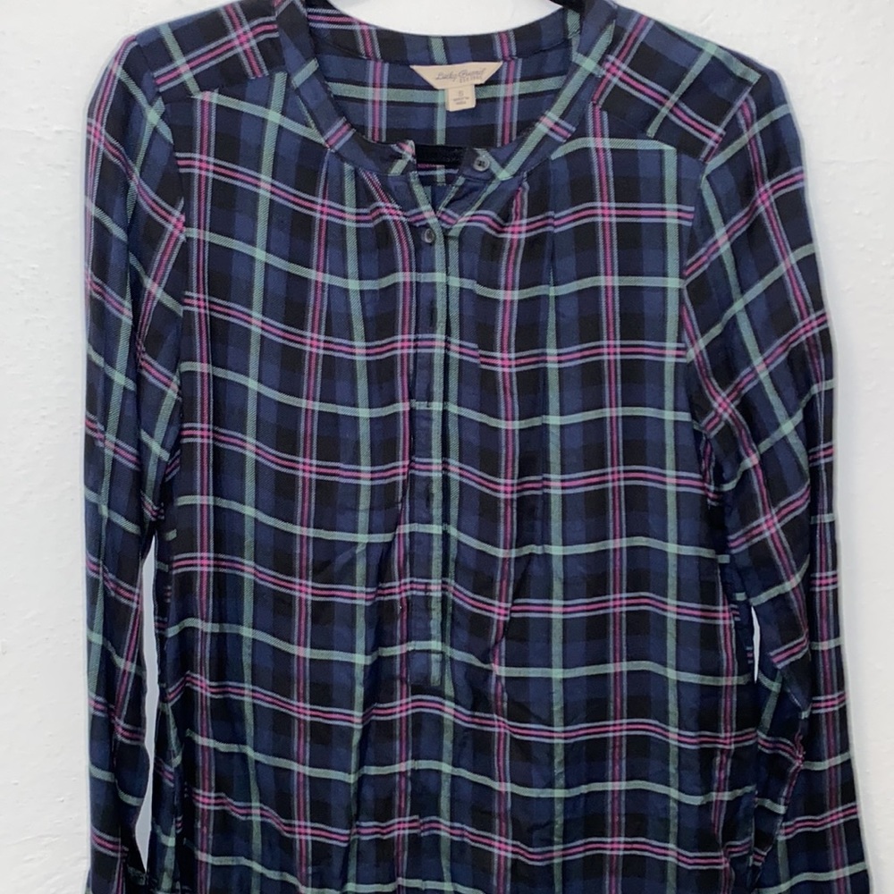 Lucky Brand Blue Plaid Tunic W/ Peplum Back, Popover Button Long Sleeve blouse - Picture 3 of 7